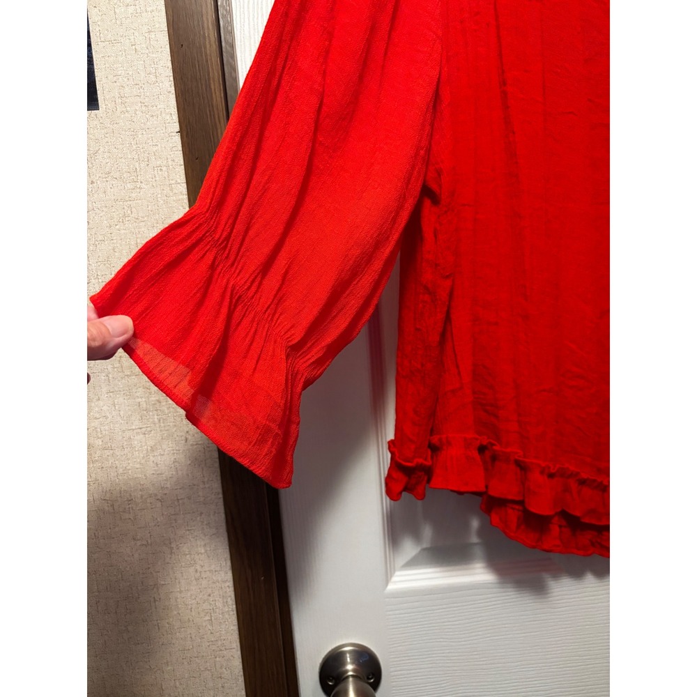 Zac & Rachel Woman Red Peasant Blouse Ruffle Sleeve Gold Tie 2X Boho Top - Picture 3 of 7